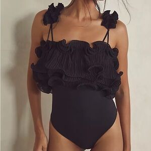 NWT Free People Black Ruffled Bodysuit